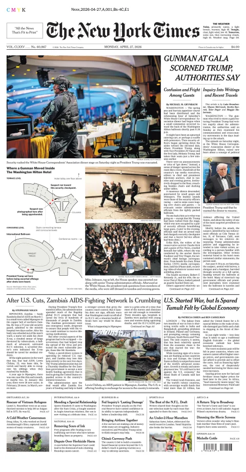 Portada de The New York Times (new York) del lunes, 27 de abril de 2026