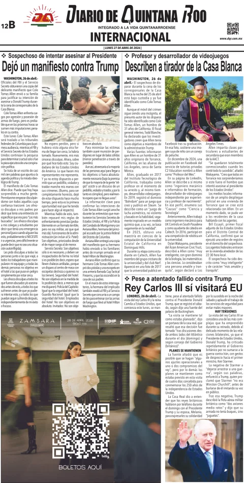 Portada de Diario de Quintana Roo (contra Portada) del lunes, 27 de abril de 2026