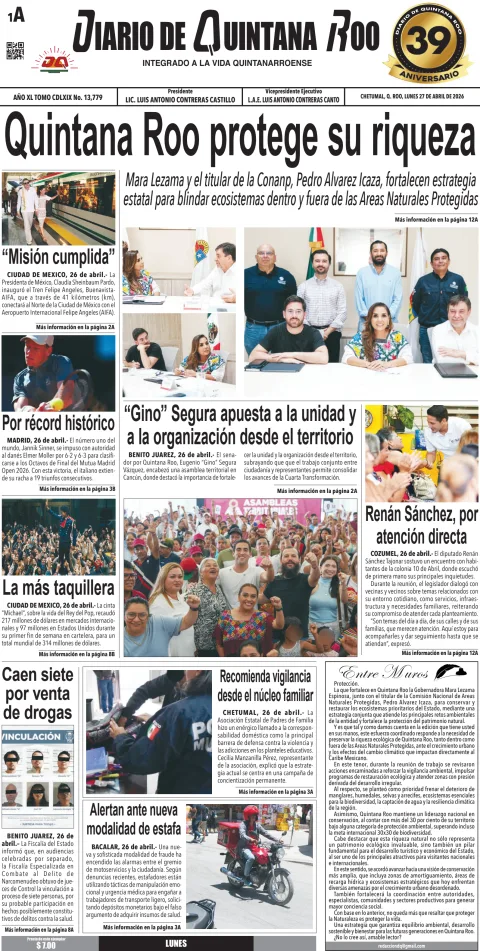 Portada de Diario de Quintana Roo (portada) del 2026-04-27
