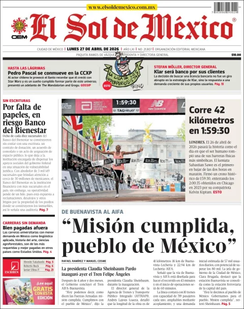 Portada de El Sol de Mexico del lunes, 27 de abril de 2026