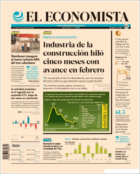 Portada de El Economista del lunes, 27 de abril de 2026