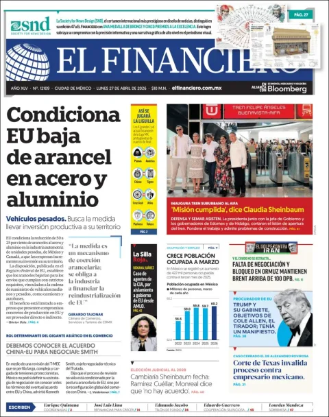 Portada de El Financiero del lunes, 27 de abril de 2026
