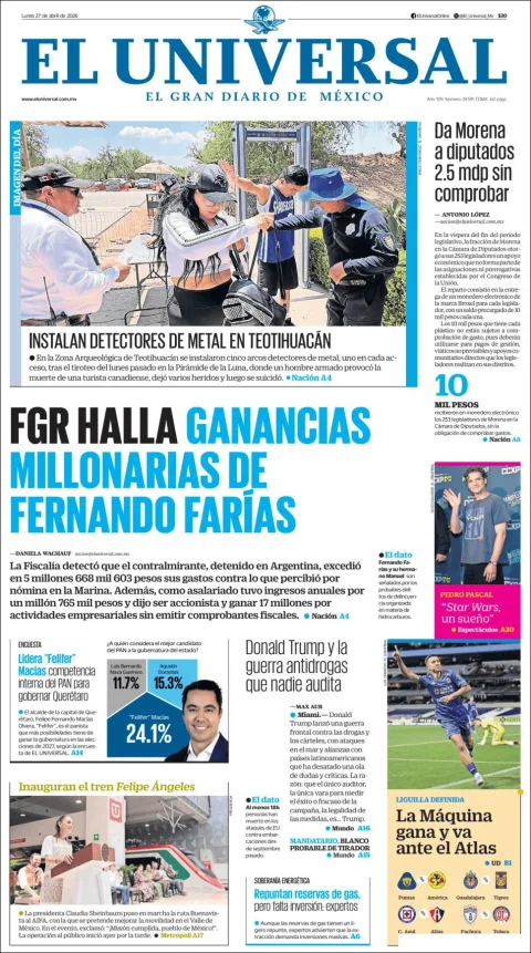 Portada de El Universal del lunes, 27 de abril de 2026