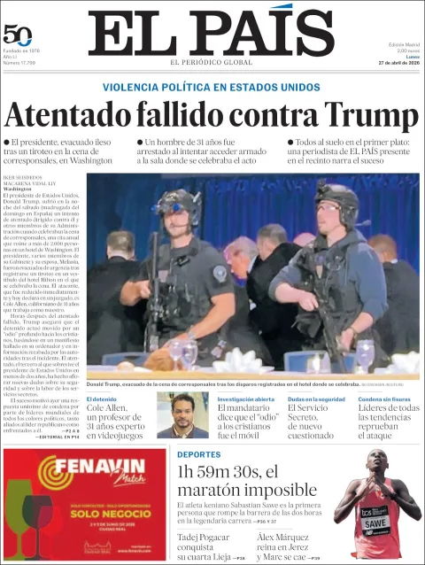 Portada de El Pais del lunes, 27 de abril de 2026