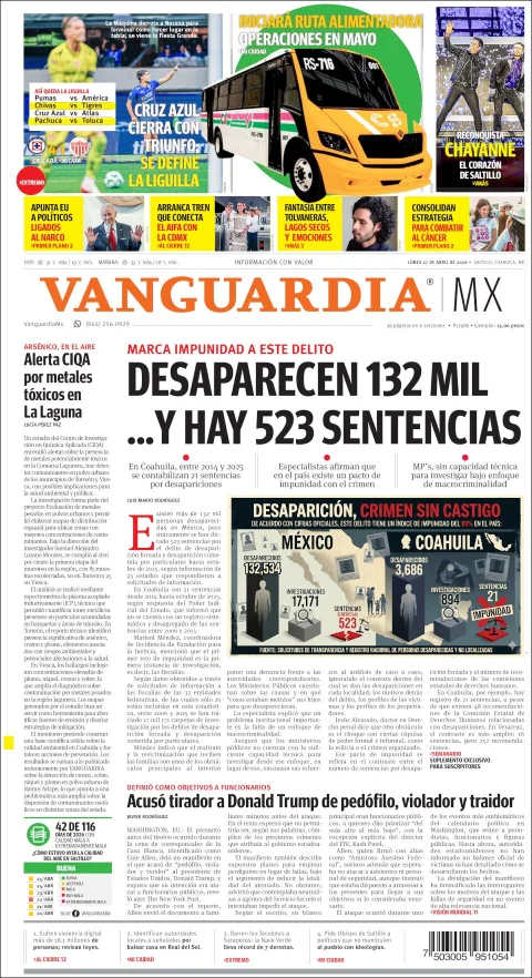 Portada de Vanguardia del lunes, 27 de abril de 2026