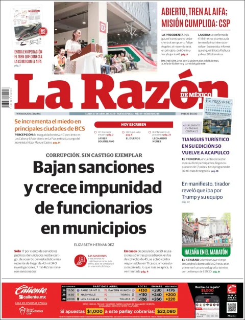 Portada de La Razon del lunes, 27 de abril de 2026