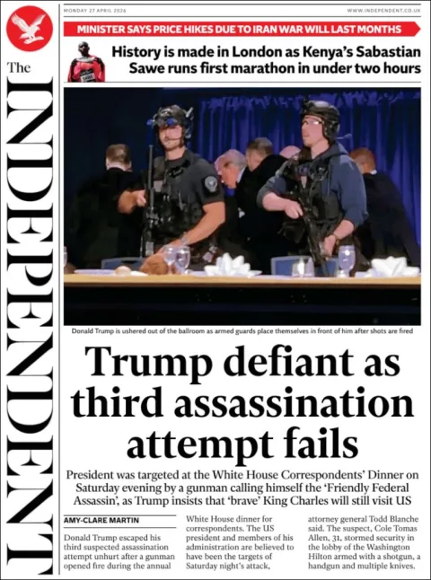 Portada de The Independent del lunes, 27 de abril de 2026