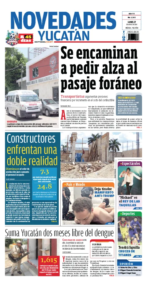 Portada de Novedades Yucatan del lunes, 27 de abril de 2026