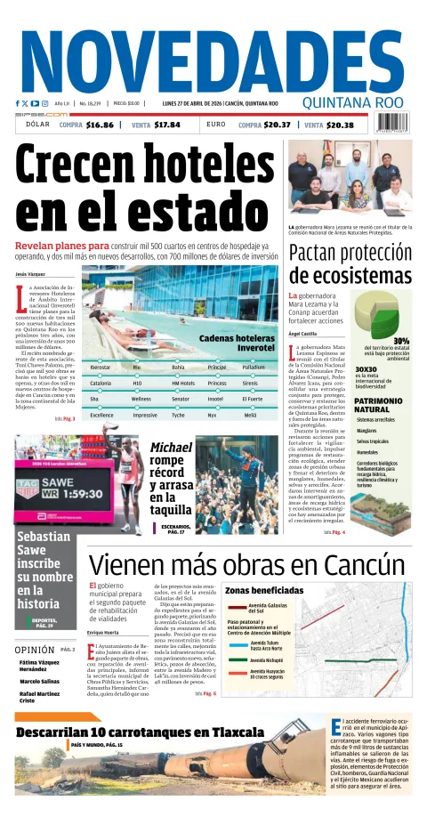 Portada de Novedades Quintana Roo del lunes, 27 de abril de 2026