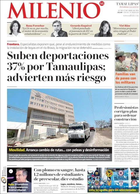 Portada de Milenio Tamaulipas del lunes, 27 de abril de 2026