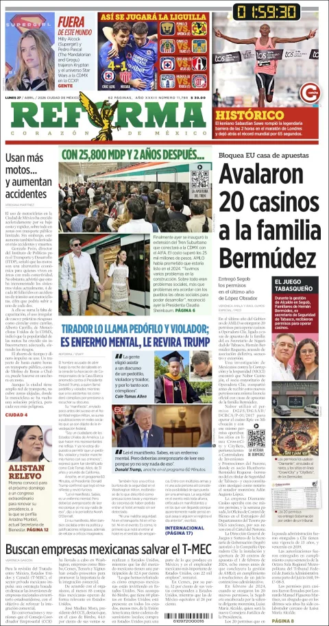 Portada de Reforma del lunes, 27 de abril de 2026