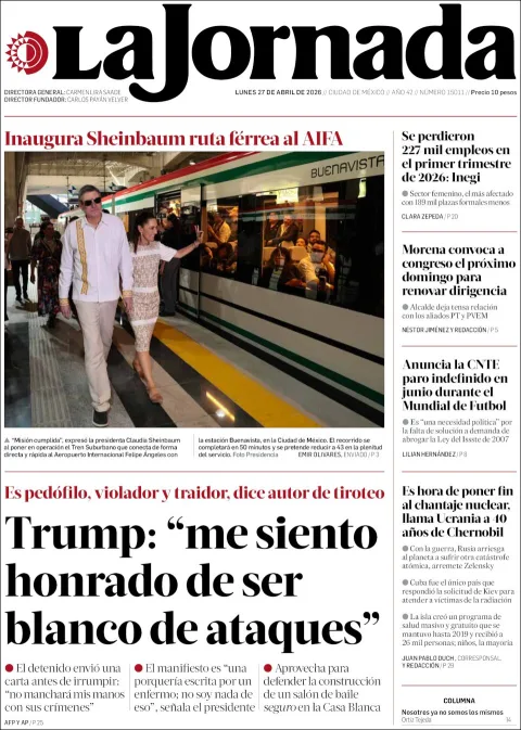 Portada de La Jornada del lunes, 27 de abril de 2026
