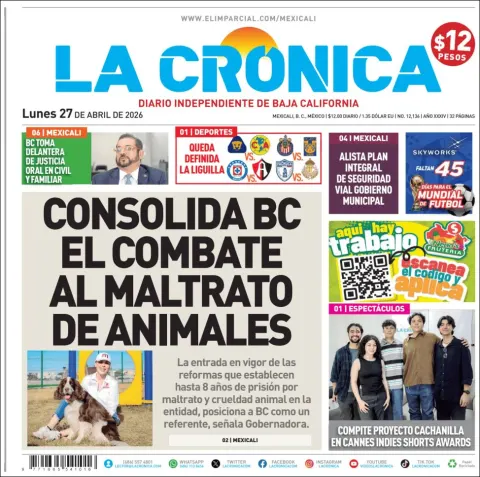 Portada de La Cronica del lunes, 27 de abril de 2026