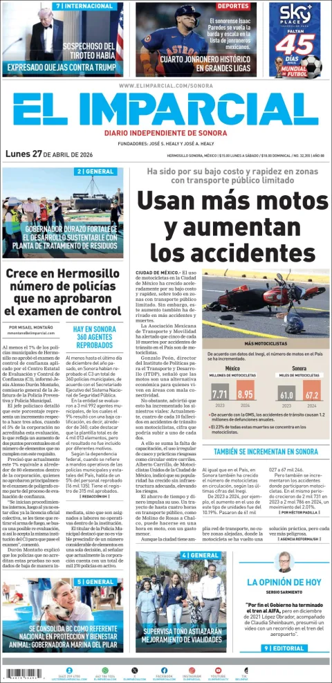Portada de El Imparcial del lunes, 27 de abril de 2026