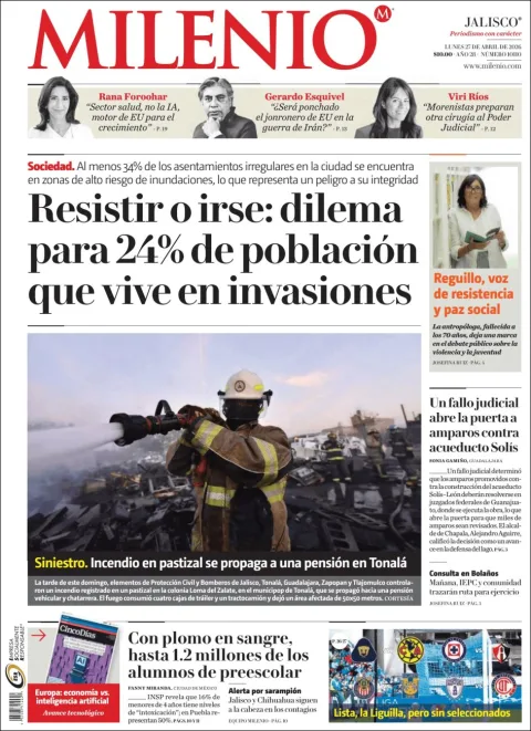Portada de Milenio Jalisco del lunes, 27 de abril de 2026