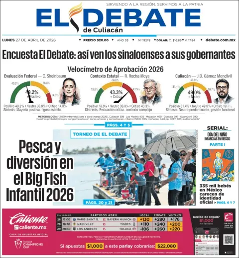 Portada de El Debate de Culiacan del lunes, 27 de abril de 2026