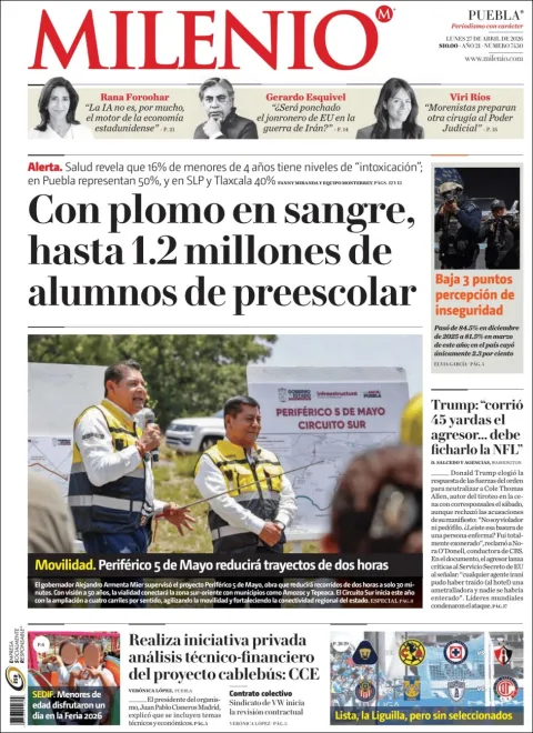 Portada de Milenio Puebla del lunes, 27 de abril de 2026
