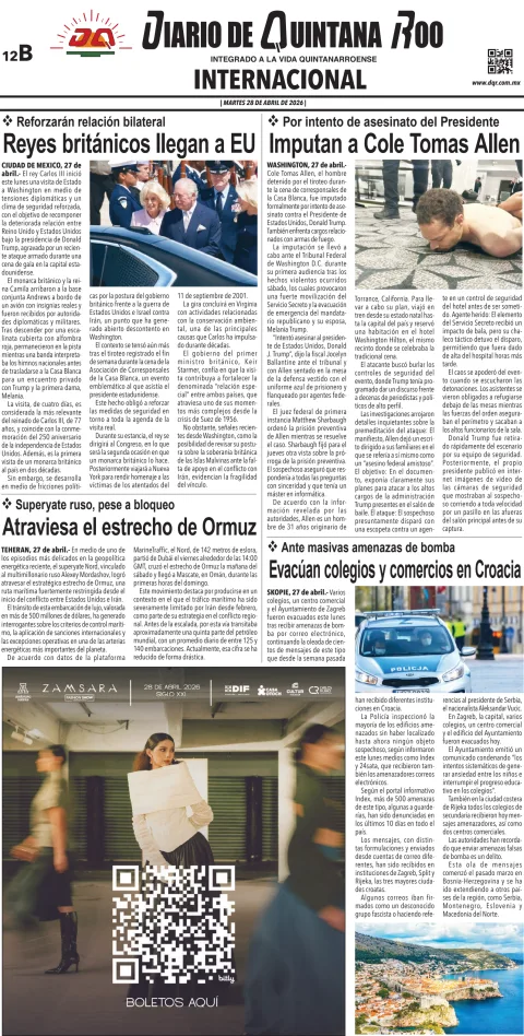 Portada de Diario de Quintana Roo (contra Portada) del 2026-04-28