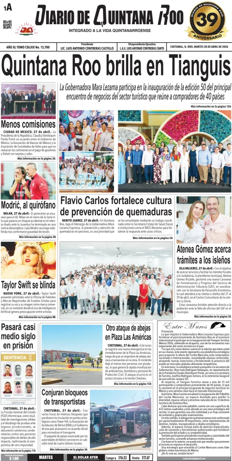 Portada de Diario de Quintana Roo (portada) del 2026-04-28