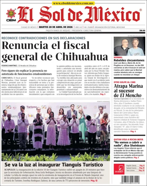 Portada de El Sol de Mexico del martes, 28 de abril de 2026