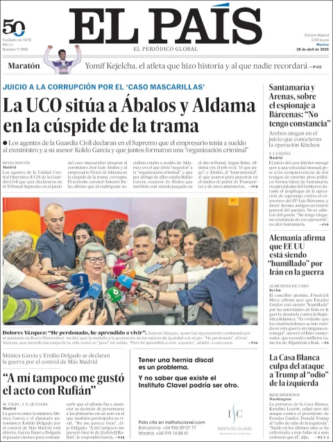 Portada de El Pais del martes, 28 de abril de 2026
