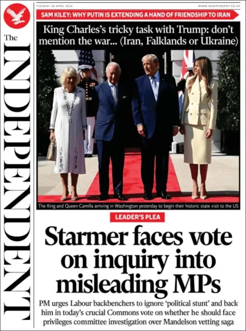 Portada de The Independent del martes, 28 de abril de 2026