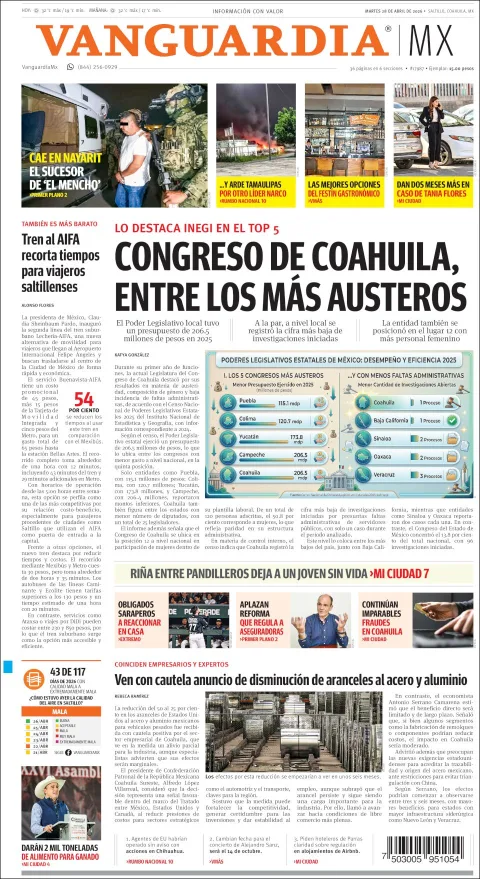Portada de Vanguardia del martes, 28 de abril de 2026