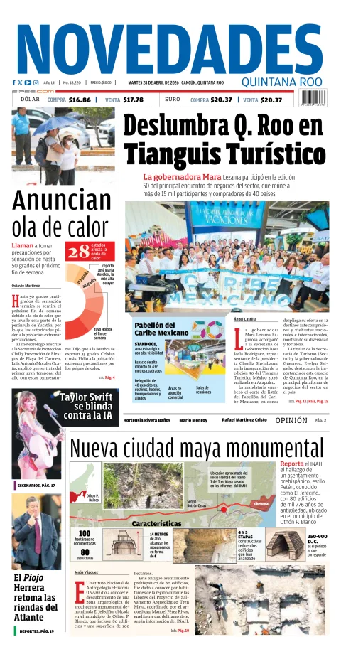 Portada de Novedades Quintana Roo del martes, 28 de abril de 2026