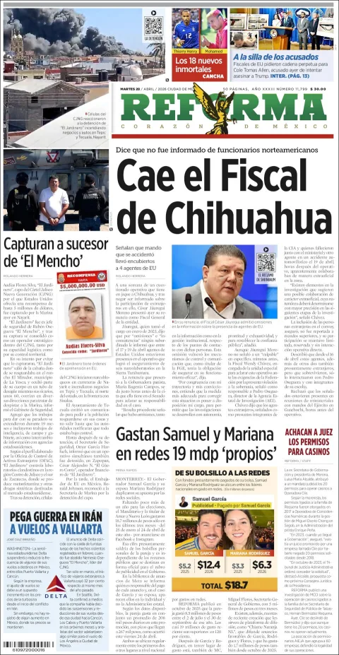 Portada de Reforma del martes, 28 de abril de 2026