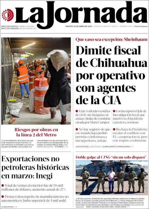 Portada de La Jornada del martes, 28 de abril de 2026