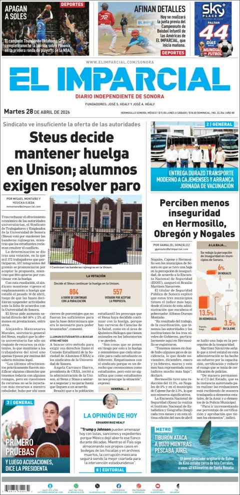 Portada de El Imparcial del martes, 28 de abril de 2026