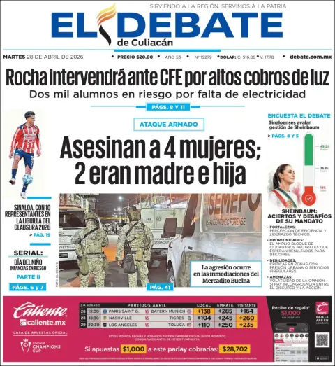 Portada de El Debate de Culiacan del martes, 28 de abril de 2026