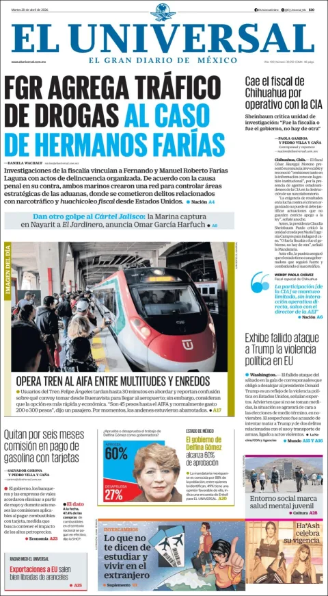 Portada de El Universal del martes, 28 de abril de 2026
