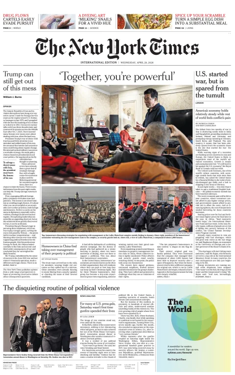 Portada de The New York Times (international) del miércoles, 29 de abril de 2026