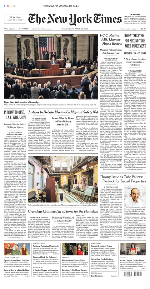 Portada de The New York Times (new York) del miércoles, 29 de abril de 2026