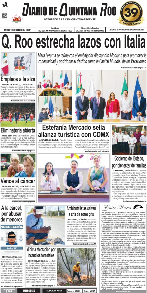 Portada de Diario de Quintana Roo (portada) del 2026-04-29
