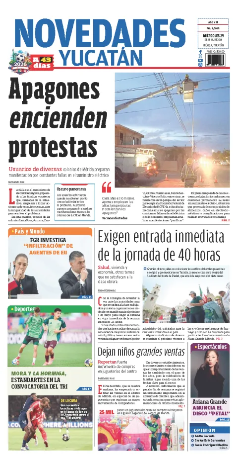 Portada de Novedades Yucatan del miércoles, 29 de abril de 2026