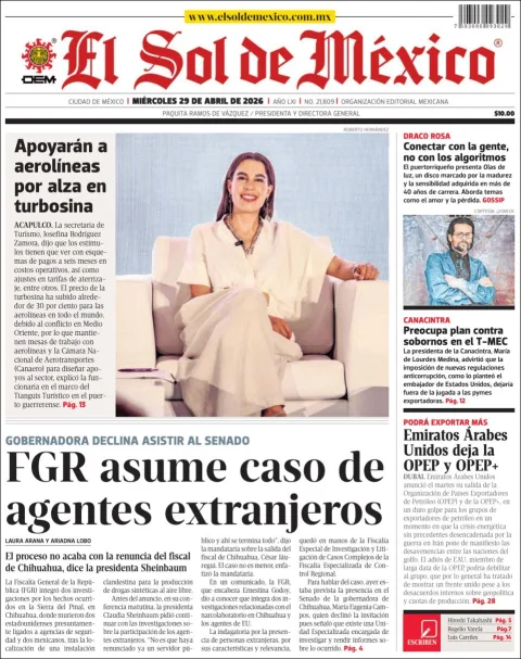 Portada de El Sol de Mexico del miércoles, 29 de abril de 2026