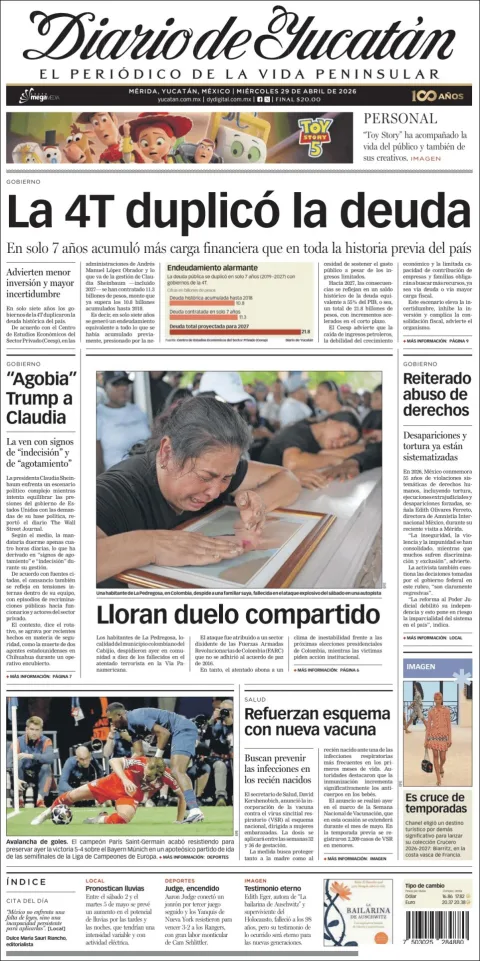 Portada de Diario de Yucatán del miércoles, 29 de abril de 2026
