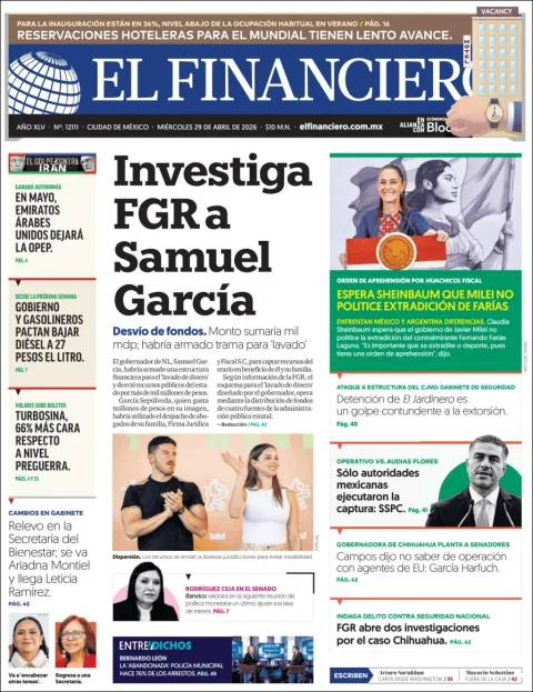 Portada de El Financiero del miércoles, 29 de abril de 2026