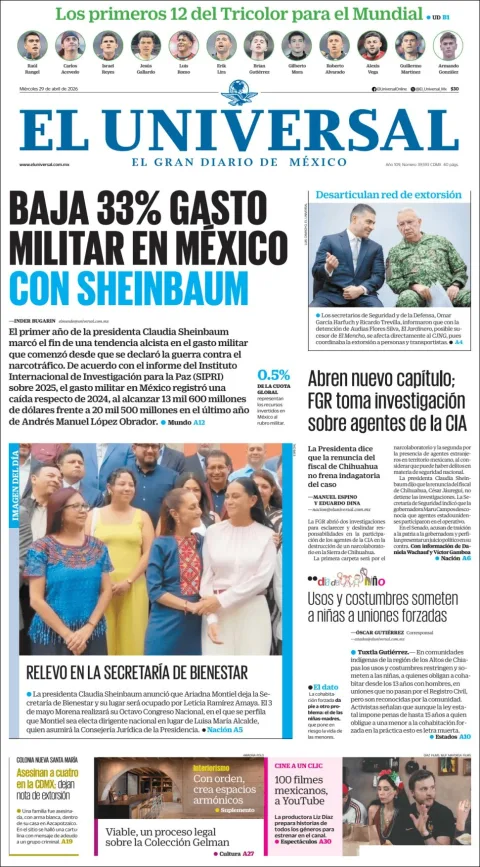 Portada de El Universal del miércoles, 29 de abril de 2026