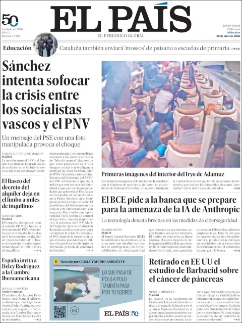 Portada de El Pais del miércoles, 29 de abril de 2026