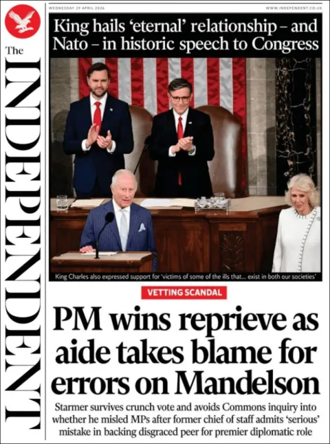 Portada de The Independent del miércoles, 29 de abril de 2026
