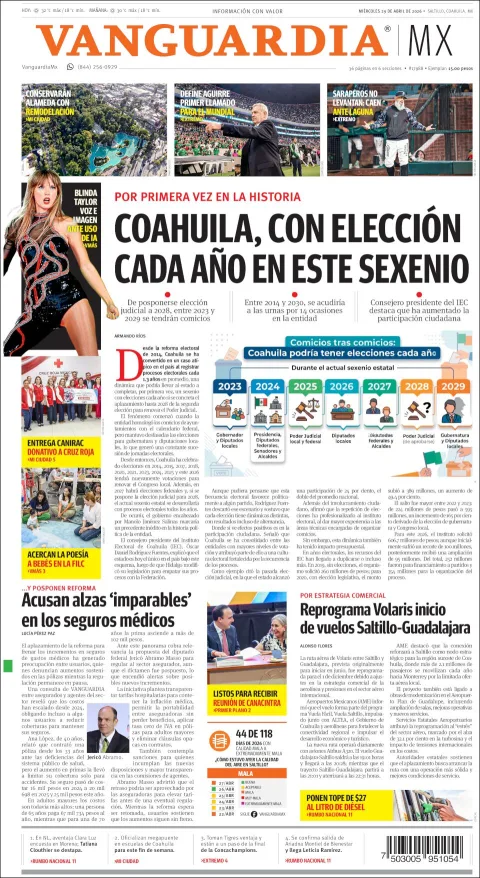Portada de Vanguardia del miércoles, 29 de abril de 2026