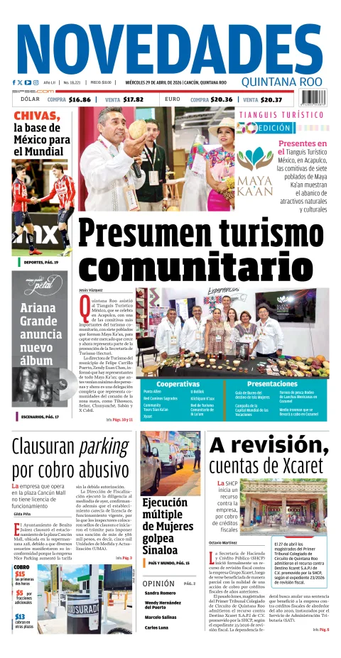Portada de Novedades Quintana Roo del miércoles, 29 de abril de 2026