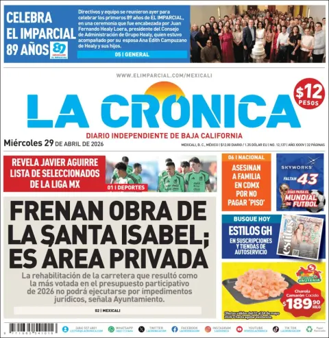 Portada de La Cronica del miércoles, 29 de abril de 2026