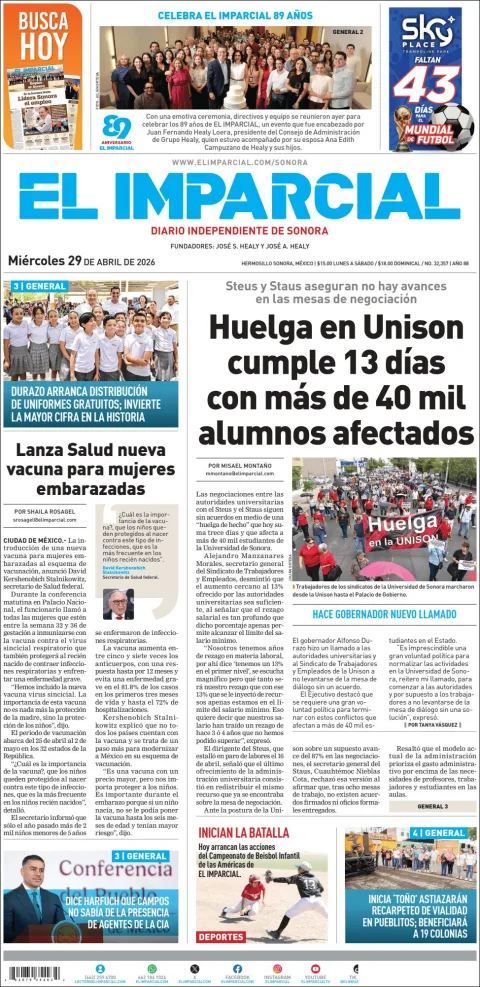 Portada de El Imparcial del miércoles, 29 de abril de 2026