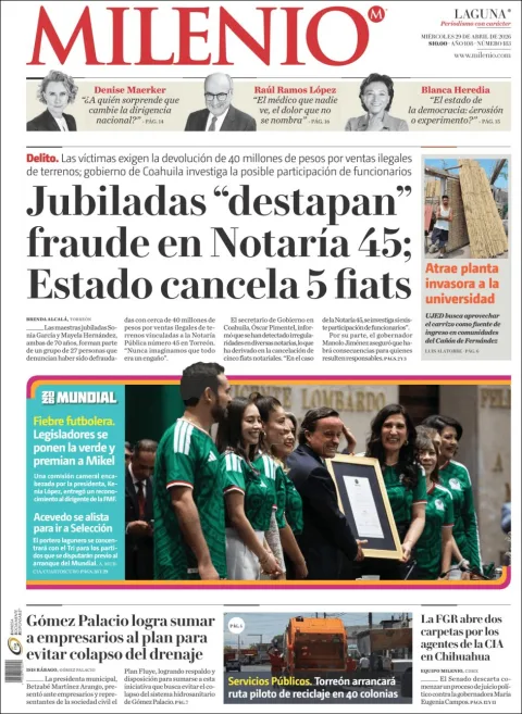 Portada de Milenio Laguna del miércoles, 29 de abril de 2026