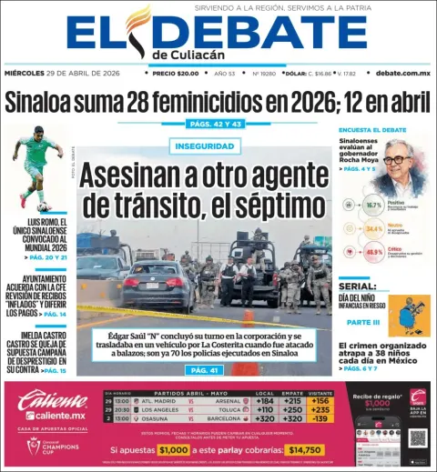 Portada de El Debate de Culiacan del miércoles, 29 de abril de 2026