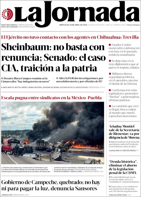 Portada de La Jornada del miércoles, 29 de abril de 2026